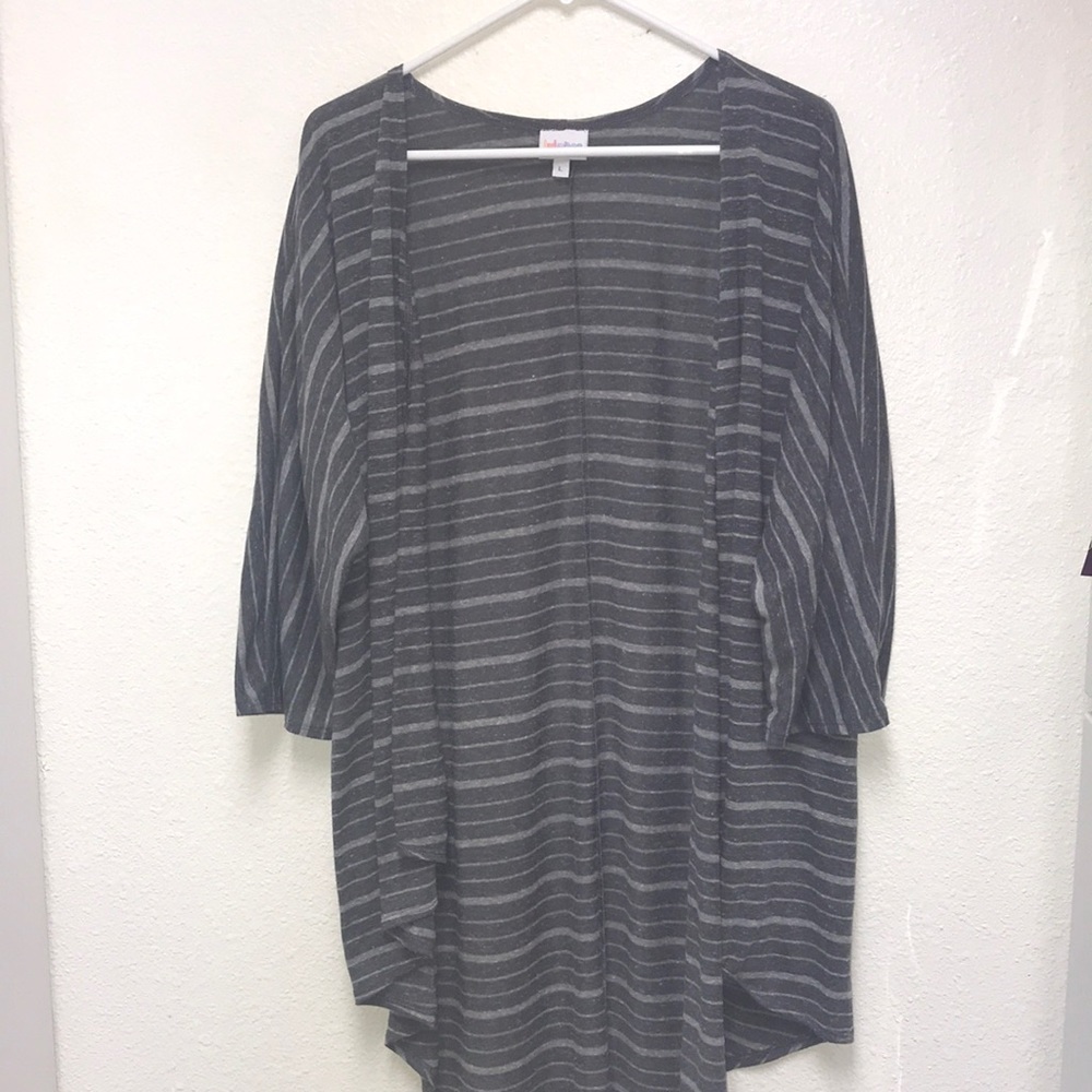 LuLaRoe Large Stripe Gray Open Front Hi Low Long Cardigan 3/4 Sleeves
